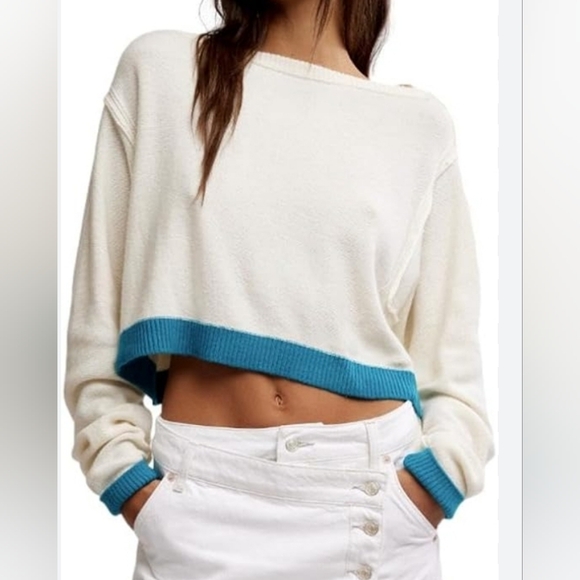 Free People Sweaters - Free People Cream Cropped Sweater with Teal Trim
